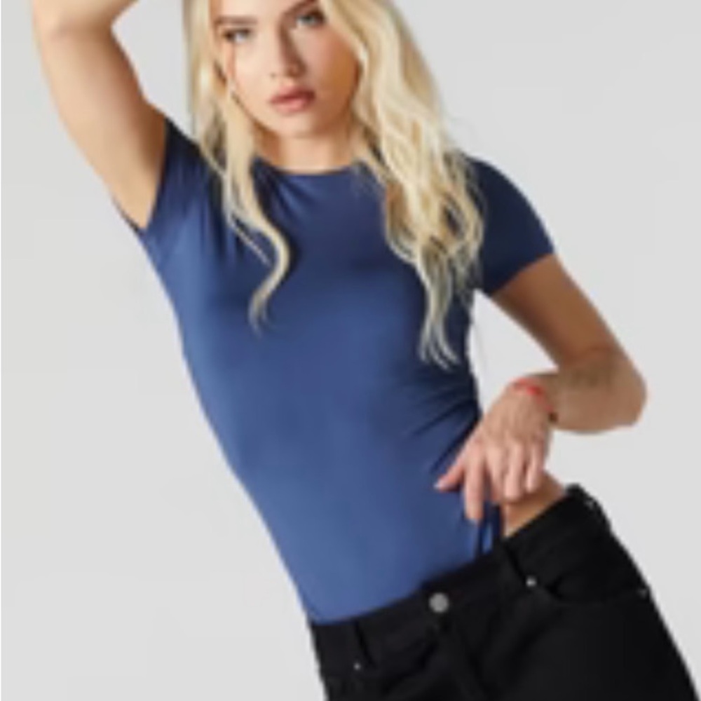 Forever 21 Blue Fitted Short Sleeve Bodysuit